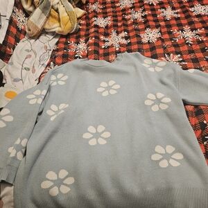Maurices Light Blue Sweater with White Floral Pattern